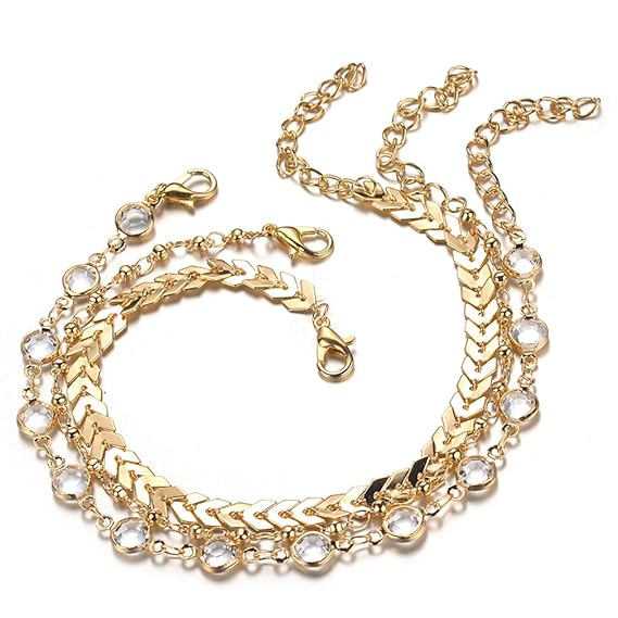 LJSLYJ 3 Stücke Kristall Fischgräte Pailletten Fußkettchen Set für Frauen Strand Fußschmuck