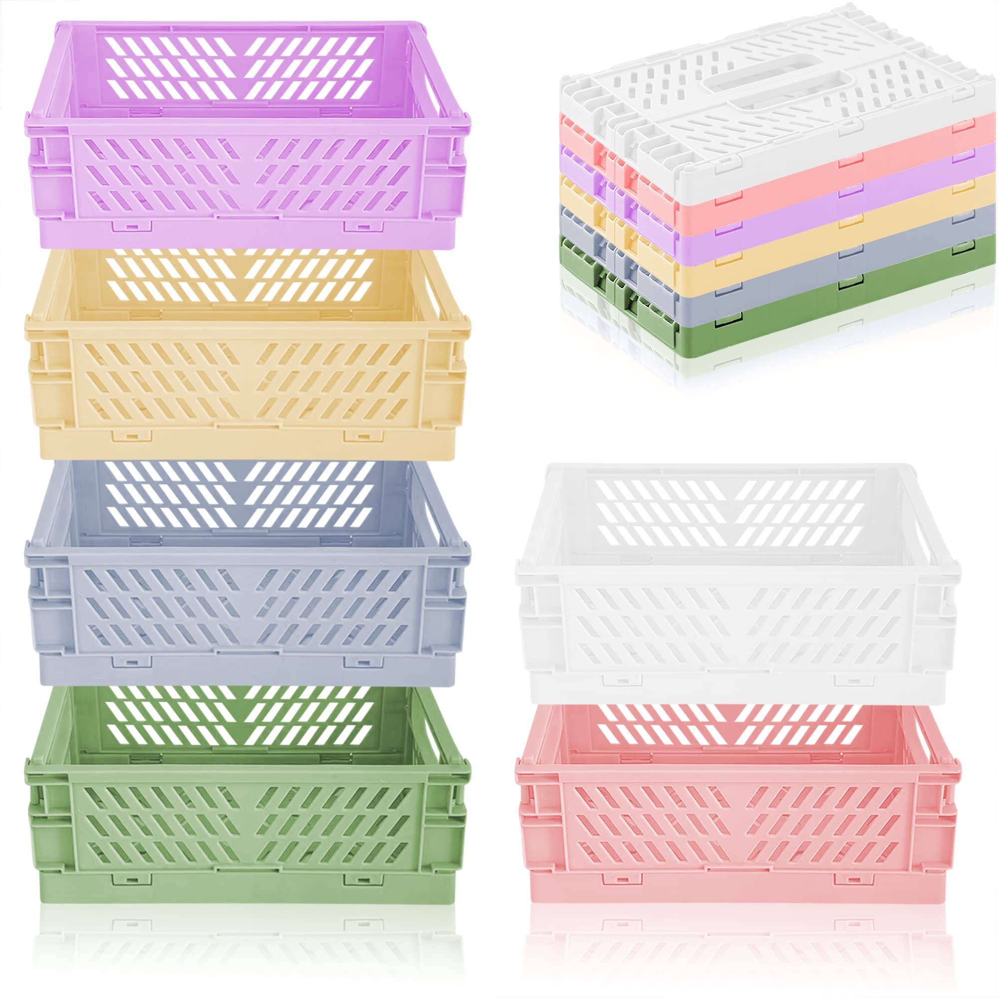Lighterday 6 pcs Mini Foldable Desk Crates Storage Box, Plastic Stackable Table Basket Organizer, Pastel Colour Storage Decor for Bedroom Office Bathroom Toiletries Cosmetics (6 colours large)