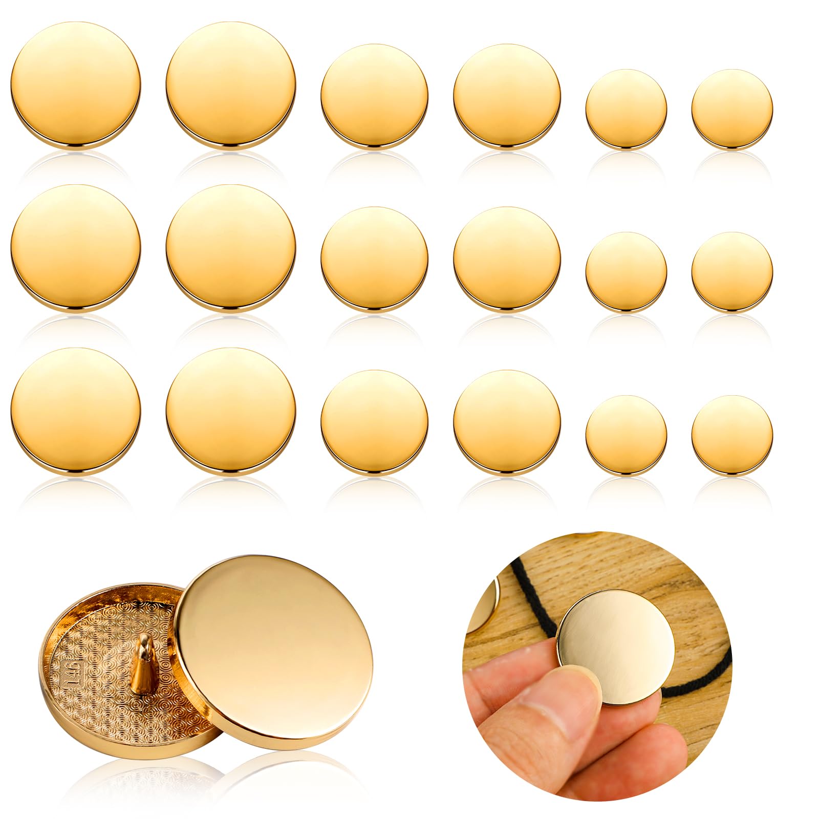 Ouligay 18 Pieces Gold Buttons for Blazers Metal Flat Button Vintage Golden Coat Buttons Round Shaped Sewing Button for Sewing Shirt Suits Uniform Jackets DIY Craft 15mm 20mm 25mm