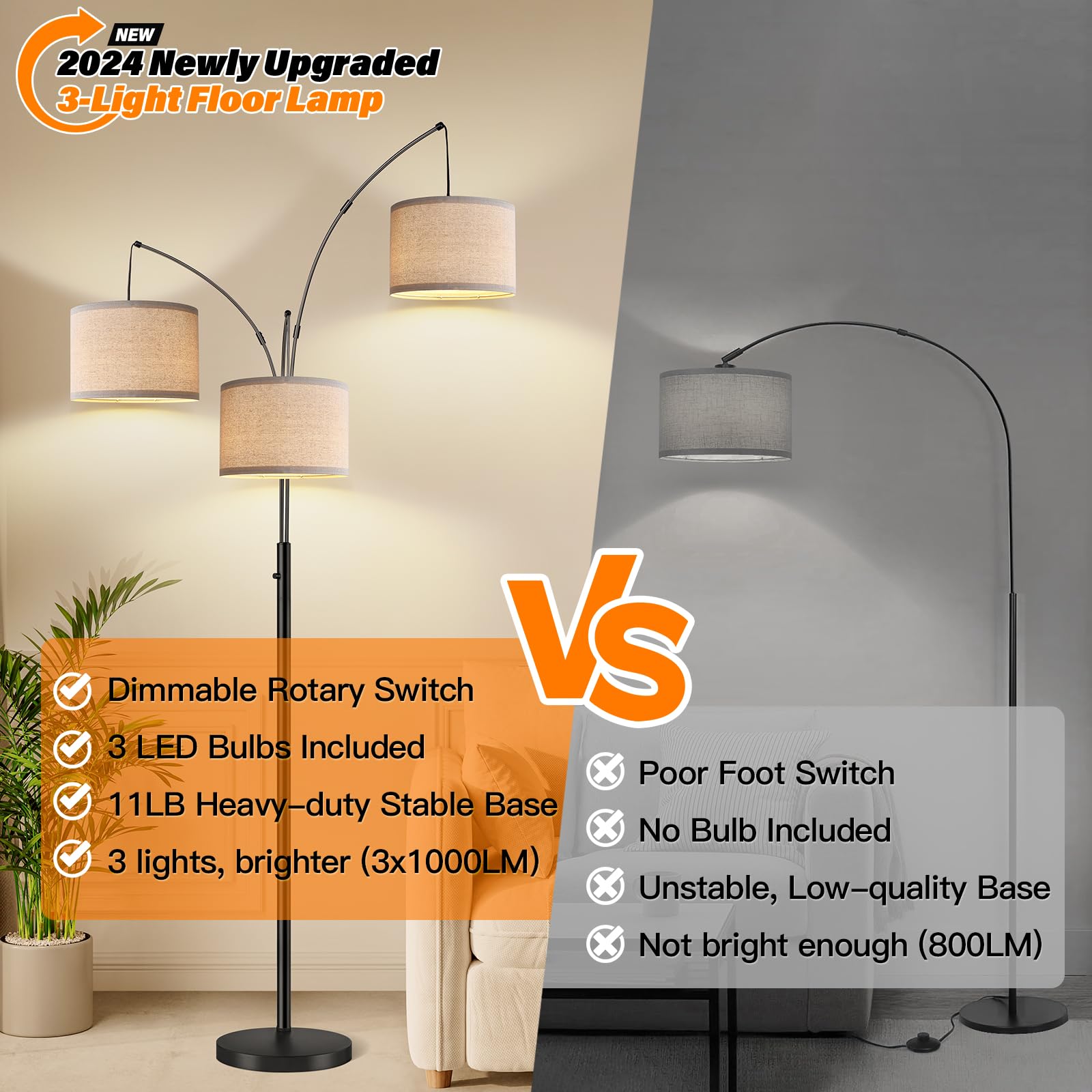 Dimmable Floor Lamp - 3 Lights Arc Floor Lamps for Living Room, 1000LM Modern Tall Standing Lamp With Beige Shades & Heavy Base, Mid Century Tree Floor Lamp for Bedroom Office, 3 LED Bulbs Included