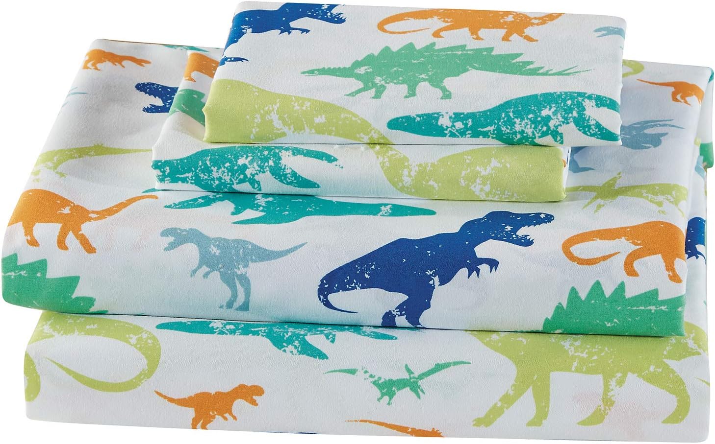 Mk Home 4pc Full Size Sheet Set for Boys Dinosaurs Green Blue Orange White New