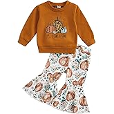 Madjtlqy Baby Girl Bell Bottoms Halloween Clothes Set Letters Pumpkin Printed Long Sleeve Sweashirt Tops + Flared Pants