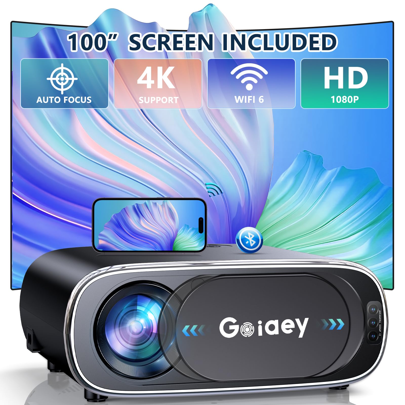 Goiaey Projector with WiFi and Bluetooth, [Auto Focus] 1080P Full HD Projector 4K Supported, Portable Outdoor Movie Projector, Auto 6D Keystone & 50%-100% Zoom, Smart Projector for Phone/PC/TV Stick