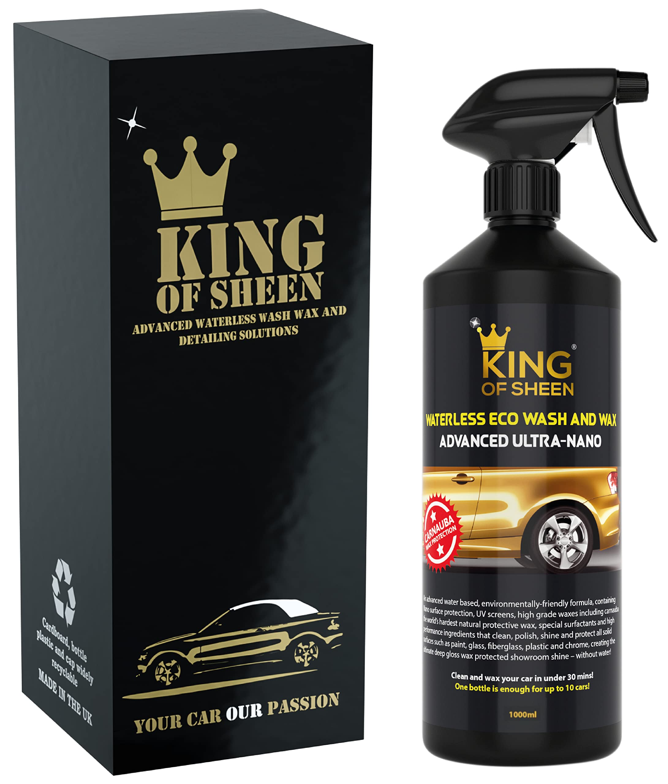 King of Sheen Advanced Ultra Nano, Waterless Car Cleaner with Nano Polymers "Dirt Repelling Technology" and Carnauba Wax, Prof Showroom Shine, Eco Friendly, Wash Anywhere No Water Needed