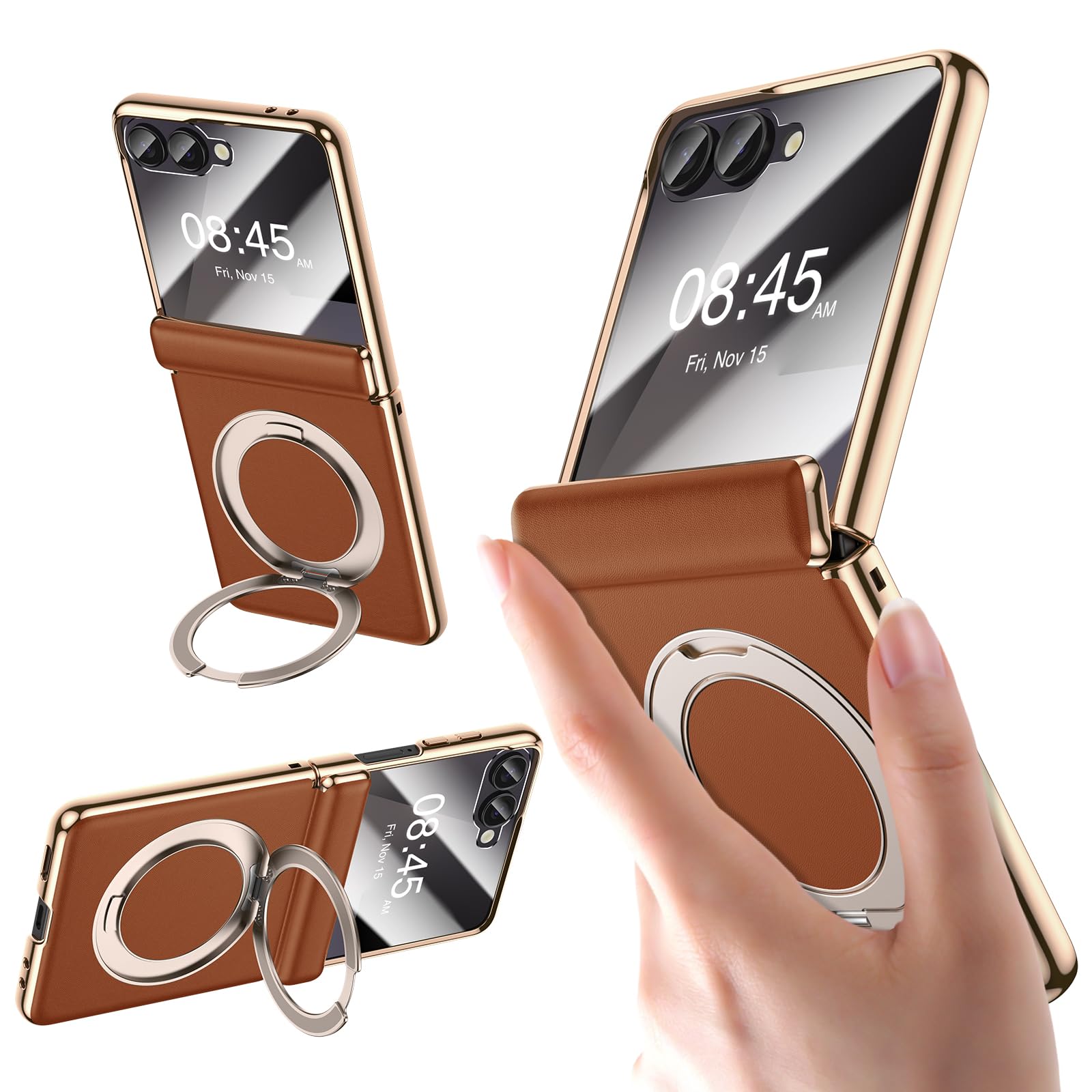 YOOVEI for Galaxy Z Flip 7 Case Luxury Leather with Screen Protector [Hinge Protection],Fit for Magsafe,Magnetic Kickstand & Ring Holder for Samsung Z Flip 7 Case Brown