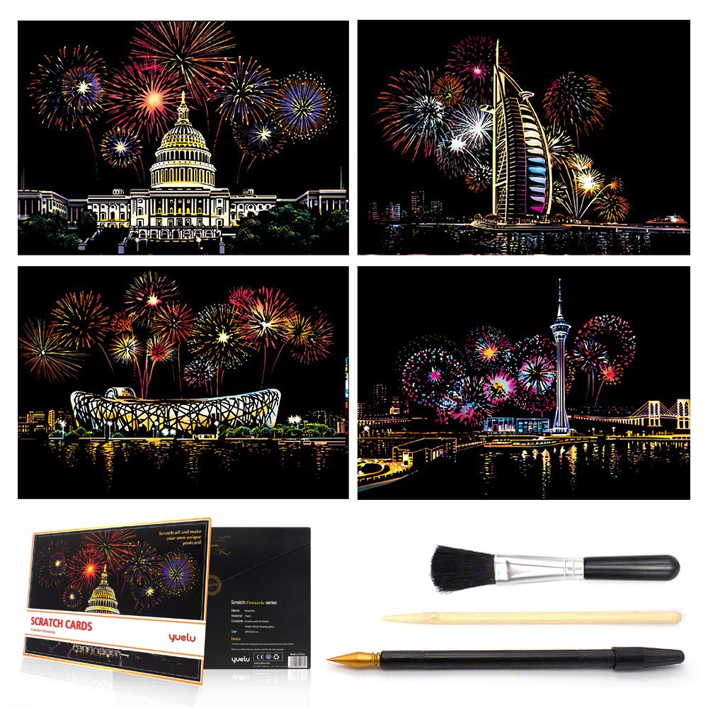 Rainbow Scratch Art Painting Paper (A4) for Teens & Adults, DIY Night View Scratchboard, Art & Craft, Engraving Set: 4 Sheets Cards & Scratch Drawing Pen, Brush (Congress Building)