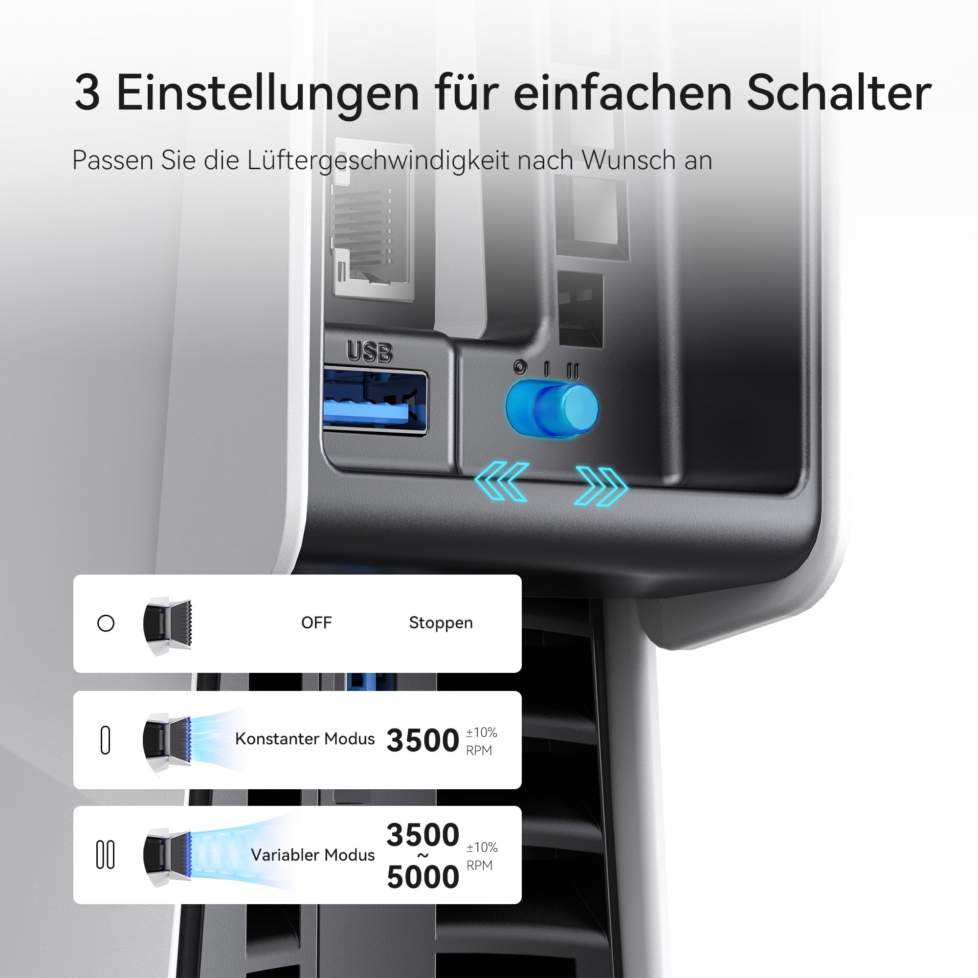 KIWIHOME PS5 Lüfter mit automatischer Geschwindigkeitseinstellung, leiseres Kühlzubehör LED-Licht und USB3.0-Hub für slim Disc & Digital Editionen 3
