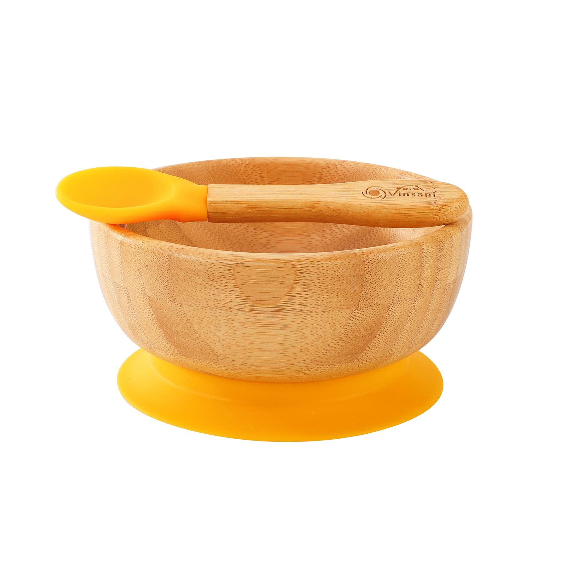 Vinsani Bamboo Bowl and Spoon Set for Baby/Toddler, Suction Plate, Stay-Put Design, Hypoallergenic and BPA-Free (Yellow)