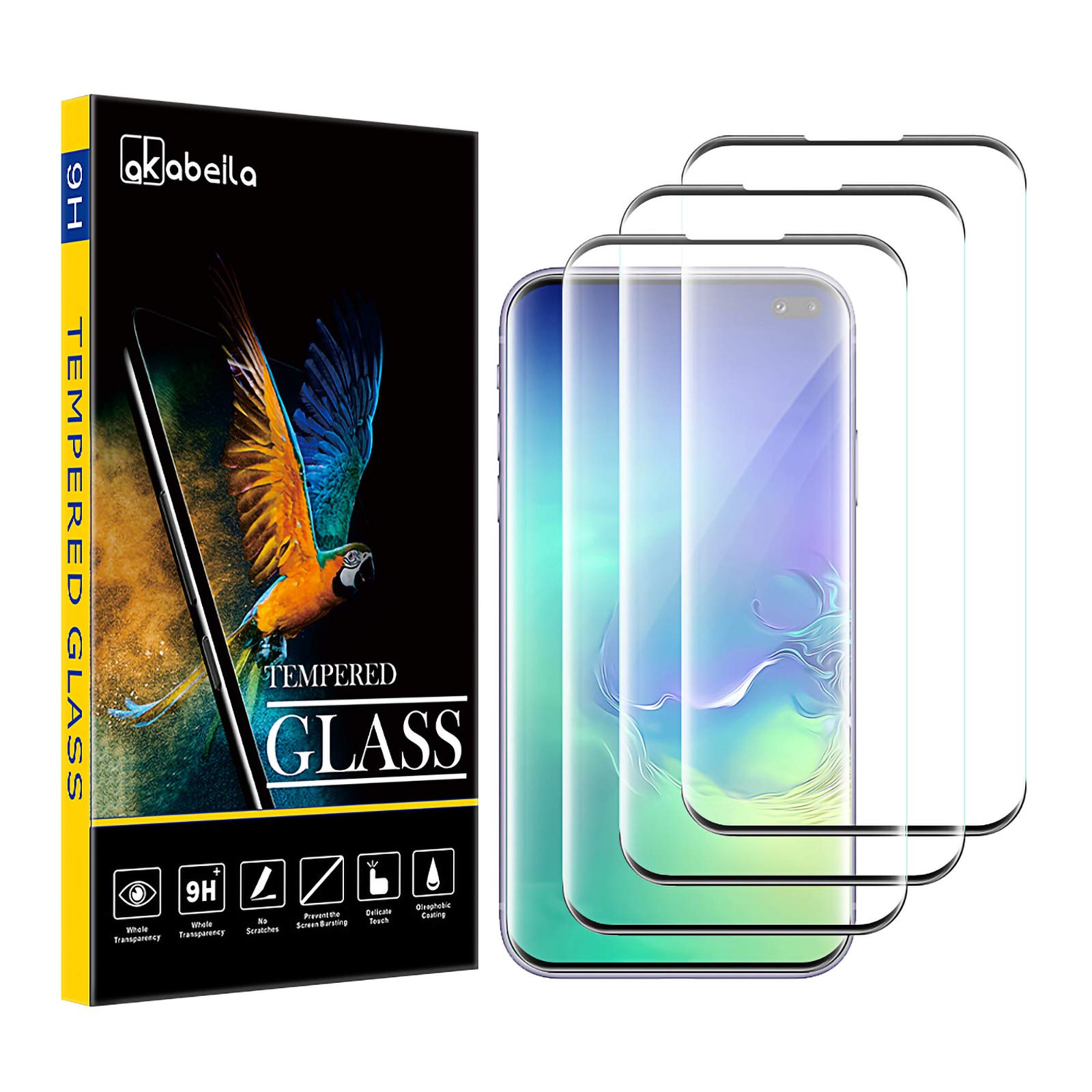 AKABEILA [3 Pack Screen Protector for Samsung Galaxy S10 Plus Premium HD Tempered Glass Protective Film 9H Hardness Case Friendly Easy Installation Anti Scratch Bubble Free