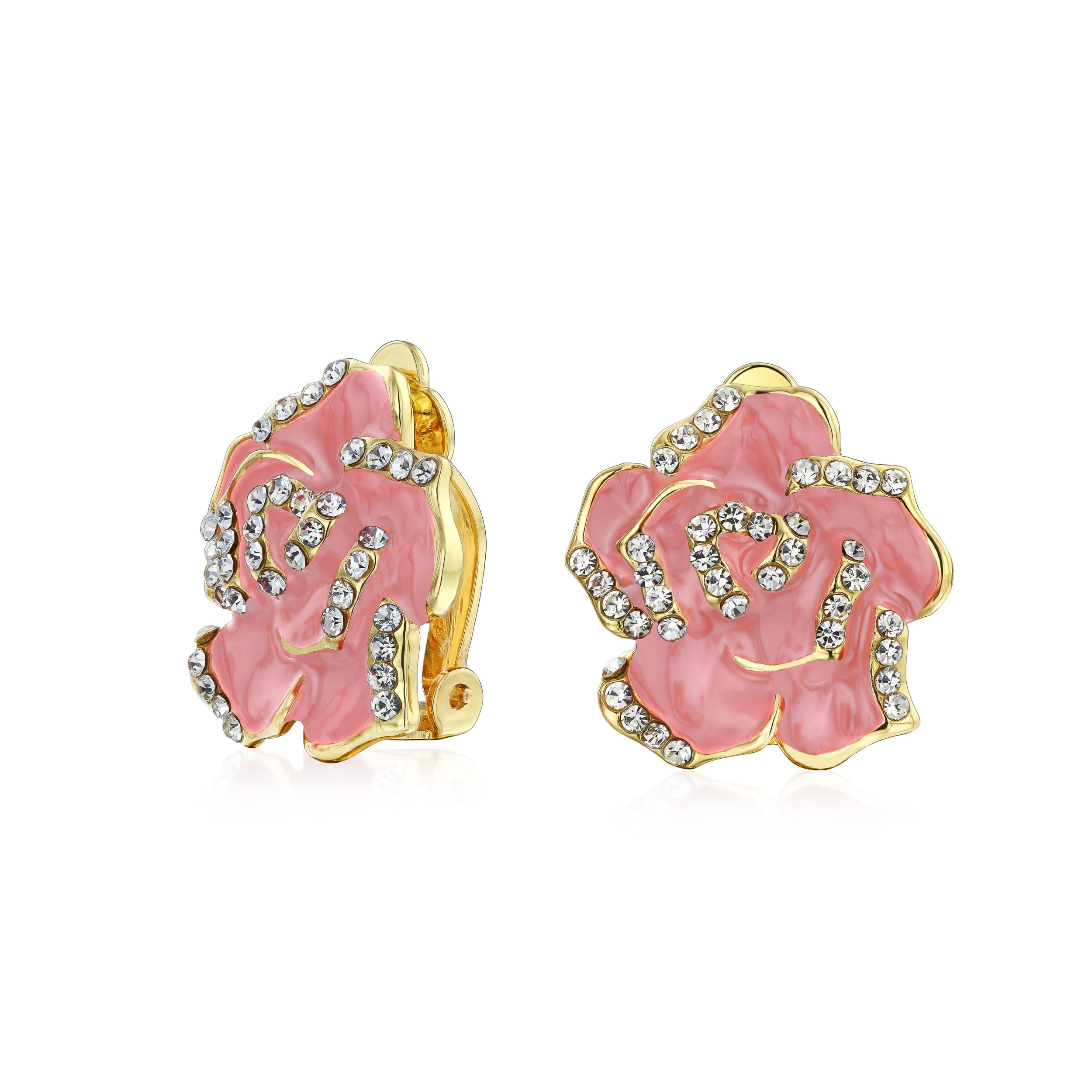 Pink Enamel Flower Crystal Edge Spring Retro Floral Rose Clip On Earrings For Women Non Pierced Ears Gold Plated