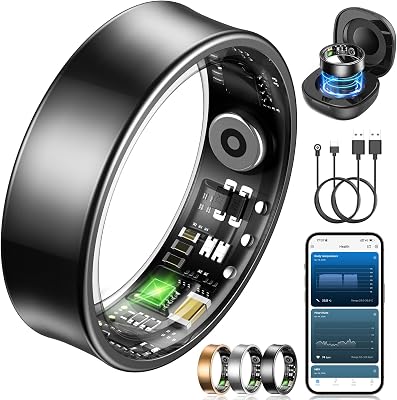 Smart Ring Herren Damen, Fitness Ring Tracker mit Gestensteuerung, Herzfrequenz(HRV), SpO2, Schlaftracker, 170+ Sportmodi 5ATM Wasserdicht Smartring für Android und iOS, Size 11, Schwarz