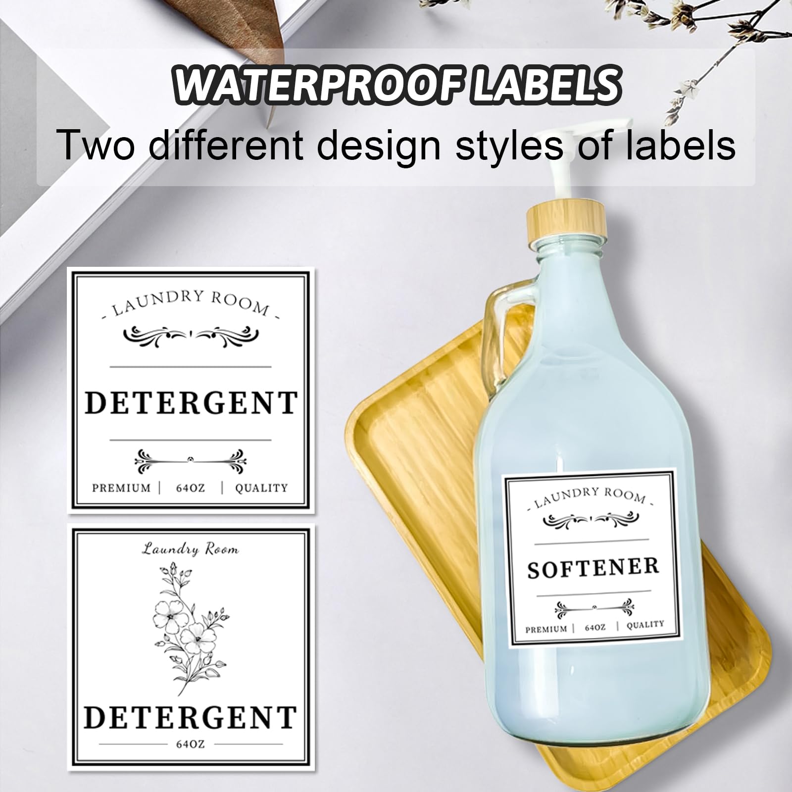 Glass Laundry Detergent Dispenser, Liquid Laundry Soap Dispenser for Laundry Room, 64oz Detergent Bleach Softener Dispenser for Farmhouse Decor, Includes Bamboo Pumps and Tray, Funnel, Labels
