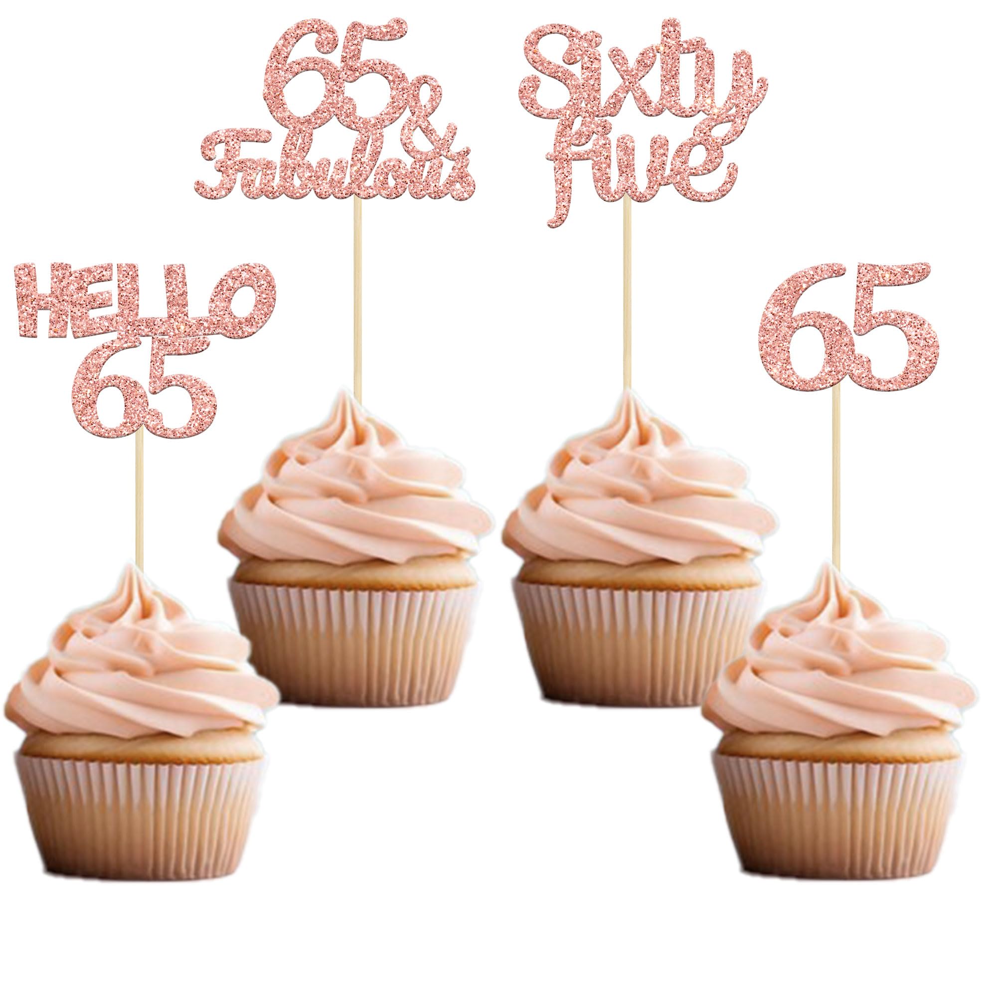 Gyufise 24Pcs Rose Gold Glitter 65th Birthday Cupcake Toppers Hello 65 Sixty Five Cake Toppers 65 & fabulous Cupcake Picks for 65th Birthday Cake Decorations Supplies