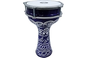 ZAZA Percussion 16'' Length Aluminum Darbuka, 8" Tunable Synthetic Head Turkish Doumbek Drum (Dark Engrave-Blue)