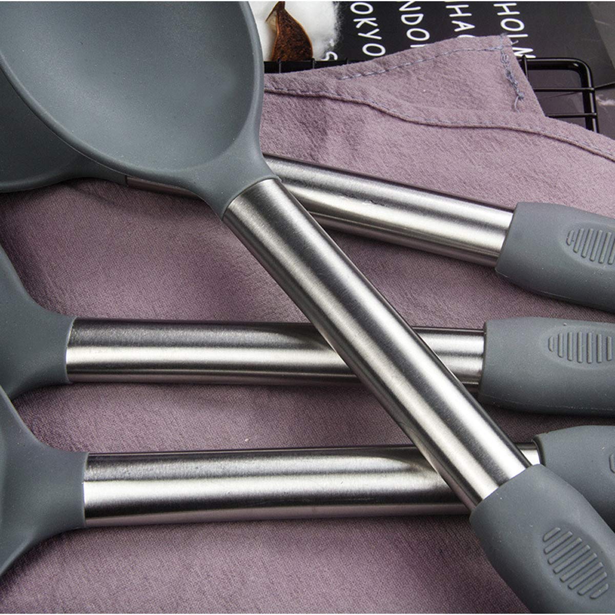 Silicone Kitchen Cooking Utensils Set with Stainless Steel Handle, Spatula Set Utensil Set, Cooking Utensil Set,Kitchen Tools Gadgets for Nonstick Cookware (11, Gray)