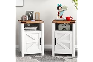 oneinmil Nightstand with Charging Station, Farmhouse End Table with Barn Door, Sofa Side Table with Storage Space 2-Piece Set, Suitable for Livingroom and Bedroom,White