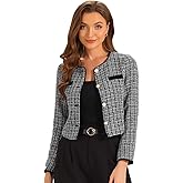Allegra K Tweed Jacket for Women's Long Sleeve Casual Work Office Plaid Short Outwear