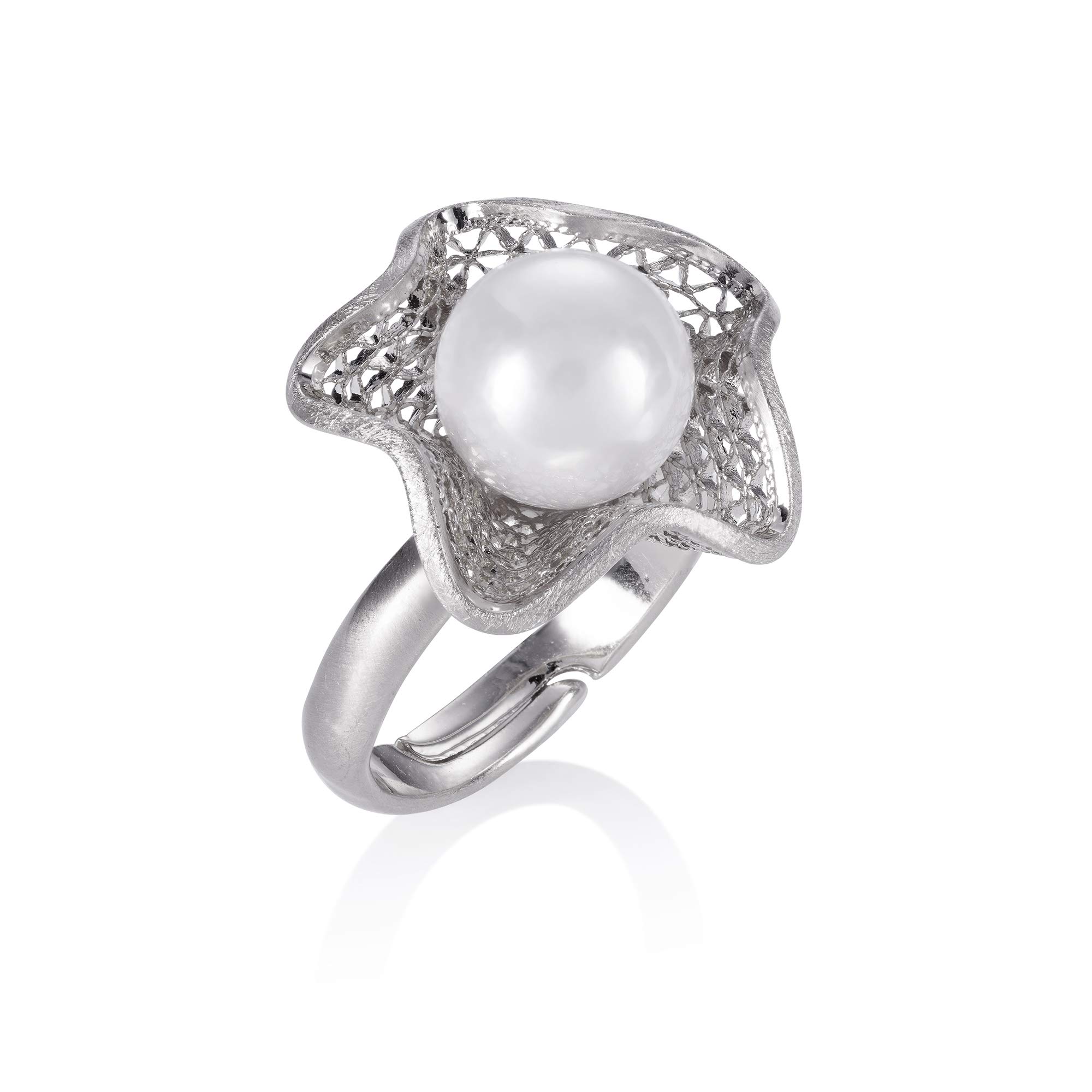 namana Adjustable Pearl Ring for Women, Large Silver Cocktail Ring for Women with a Big Pearl, Silver Statement Ring in a Flower Design with Filigree Motifs, Large Silver Rings for Women