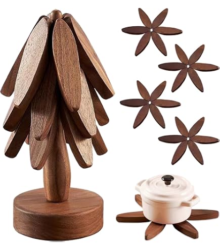 Lot 4 Dessous De Plat Kit 4 Dessous De Plat En Bois Forme Moulin à Vent + Présentoir - 15,5x15,5 Cm - Protection Table Chaud