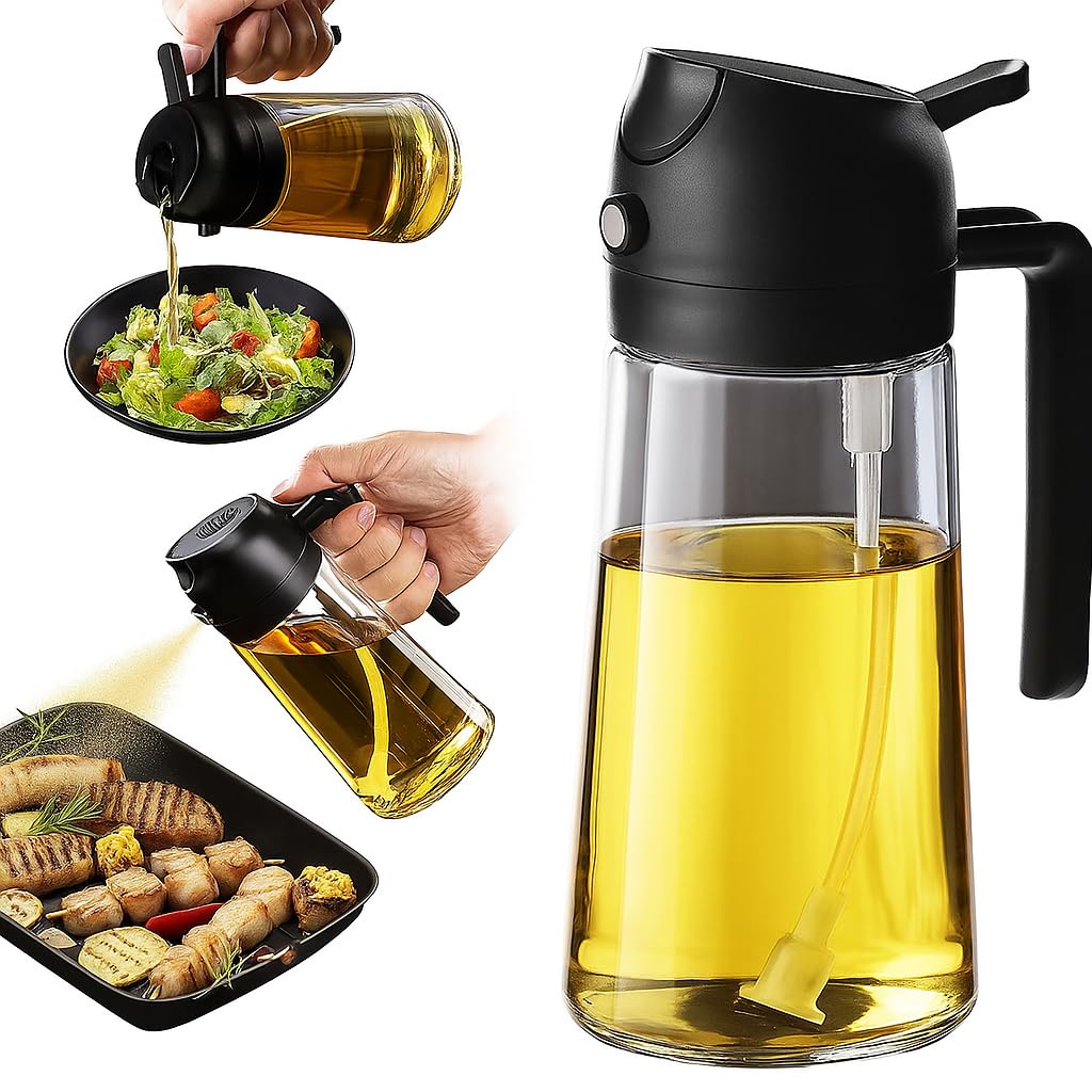 View 1 of 2 in 1 Olive Oil Sprayer & Dispenser Bottle – 470ml/16oz Glass Spray and Pour Oil Bottle for Cooking, Air Fryer, Salad, BBQ – Kitchen Gadgets & Accessories (Black)