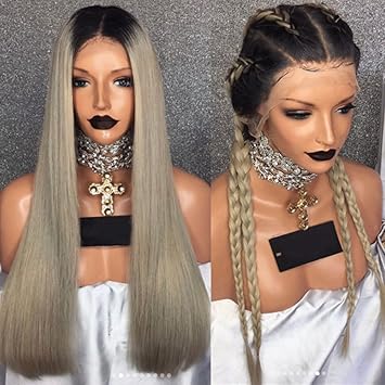 Amazon Com Full Lace Human Hair Wig Silky Straight Ombre Gray 2