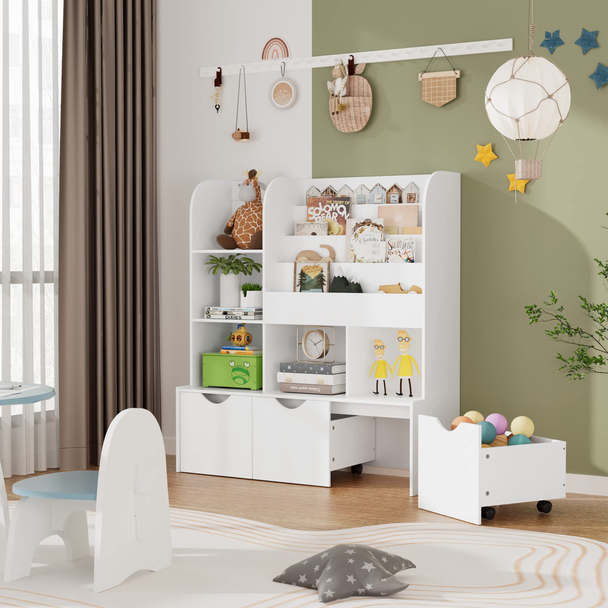 FOTOSOK 47'' Kids Bookcase and Bookshelf, Multifunctional Bookcase with 5 Storage Cubbies and 3 Movable Drawers, Toy Storager Display Stand, Toy Storage Organizer for Bedroom, Playroom, Hallway, White