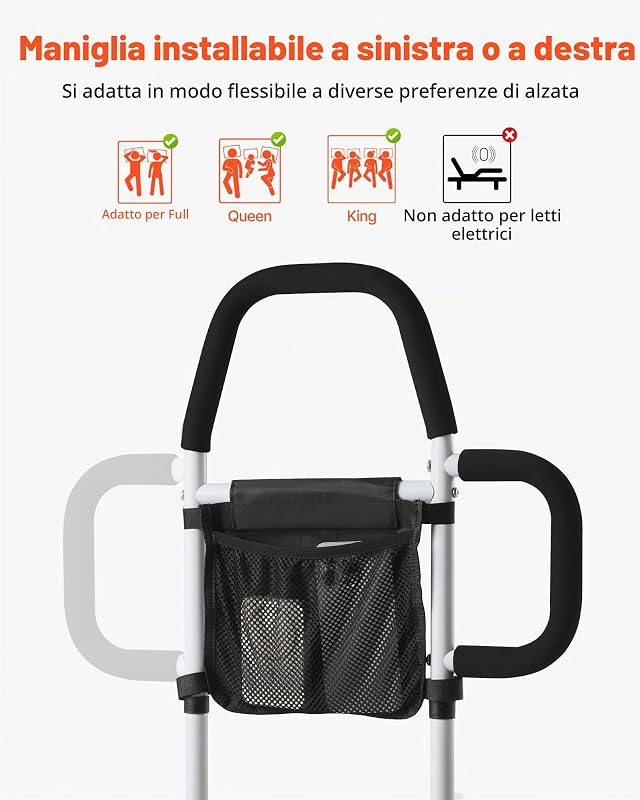Sponda per Letto per Anziani e Pazienti, Sponda di Supporto per il Letto con Maniglia Laterale e Corrimano, Bastone da Comodino in Tubo di Acciaio al Carbonio Regolabile Altezza per Vari Letti
