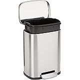 Amazon Basics Smudge Resistant Small Rectangular Trash Can With Soft-Close Foot Pedal, Brushed Stainless Steel, 5 Liter/1.3 G