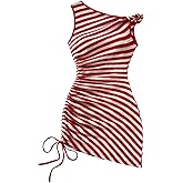 SHENHE Women's One Shoulder Striped Mini Dress Asymmetrical Ruched Bodycon Knit Sundresses