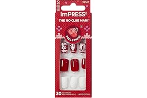 KISS imPRESS Holiday Press On Nails, ‘Feelin' Festive’, Red, Short Squoval, 3D Effect, Improved Super Hold Adhesive, 30 Fake Nails, Prep Pad, Mini Nail File, & Manicure Stick