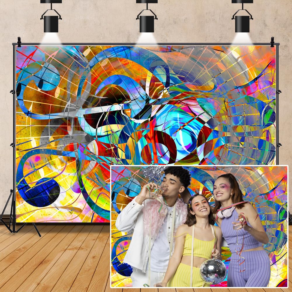 Aoihrraan 3,5x2,5m Disco Backdrop Abstract Art Musical Note Hip-Hop Colorful Graffiti Style Photography Background Let'S Glow Party Dance Piano Music Friend Kids Adults Portrait Photo Studio Props