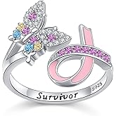 DAOCHONG Sterling Silver Breast Cancer Awareness Rings Pink Ribbon Ring for Women Jewelry Strength Gifts for Cancers Survivor Size 7
