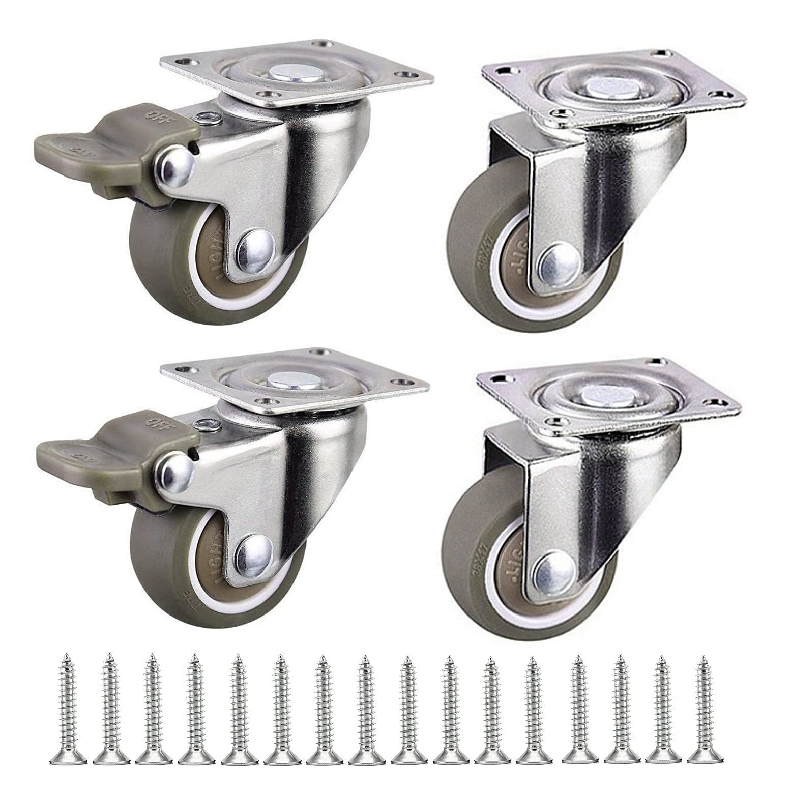 JZK 4 x 1 Inch Small Swivel Caster Wheels with Brakes and Screws, 100KG Weight Capacity Rubber Castor Wheels with Locks, Multi-Floor Suitable, Ideal for Small Equipment/Furniture