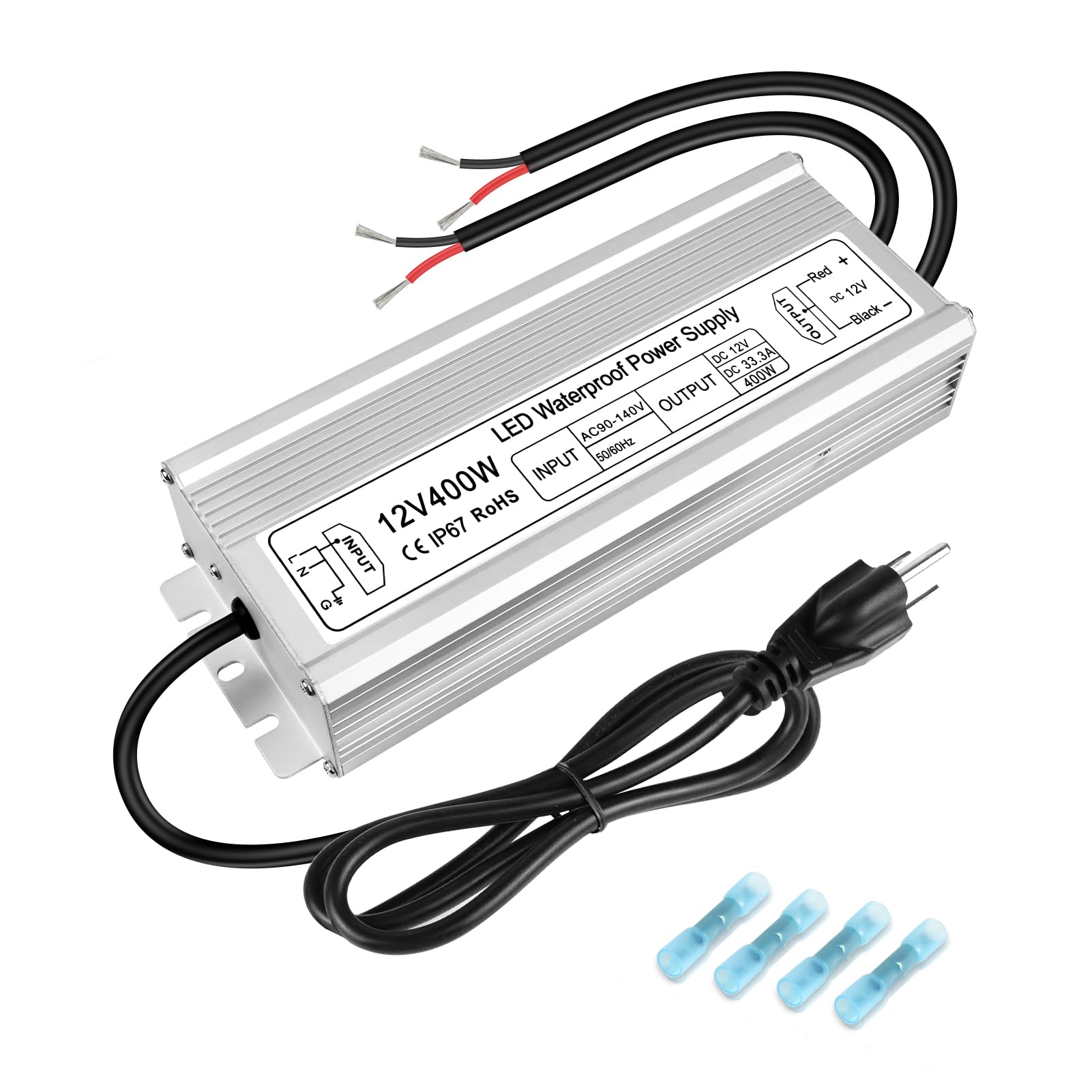 Photo 1 of 12V 400W LED Power Supply, IP67 Waterproof LED Driver, Low Voltage Transformer, AC 90-140V to DC 12V 33.3A Converter with 3-Prong Plug 3.3 Ft Cable for Outdoor LED Light, Landscape Light, Industrial