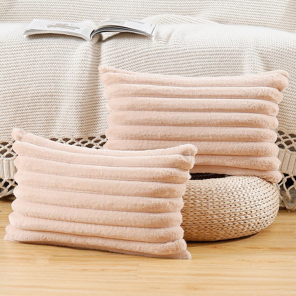 Madizz Set of 2 Faux Fur Decorative Cushion Covers 12x20 inch, 30x50 cm, Light Brown Soft Couch Throw Pillows for Bed Modern Pillowcases for Sofa Livingroom Home Decor — image 1