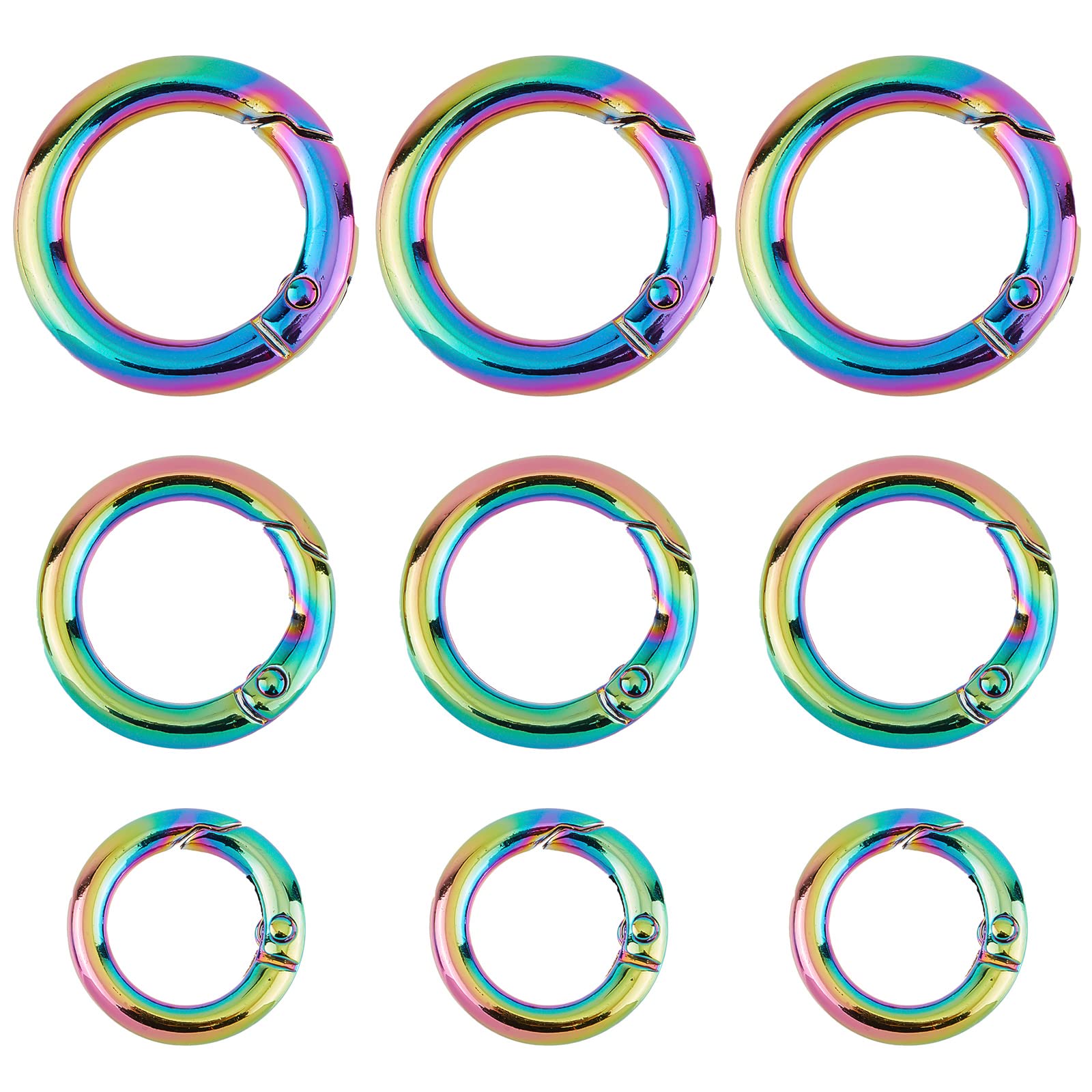 GORGECRAFT 1 Box 12Pcs Spring O Rings 3 Sizes Rainbow Round Snap Loaded Clips 28mm 24mm 20mm Diameters Trigger Spring Keyring Buckle Locking Carabiner Hook for Keychains Bag Purse Handbag DIY Craft