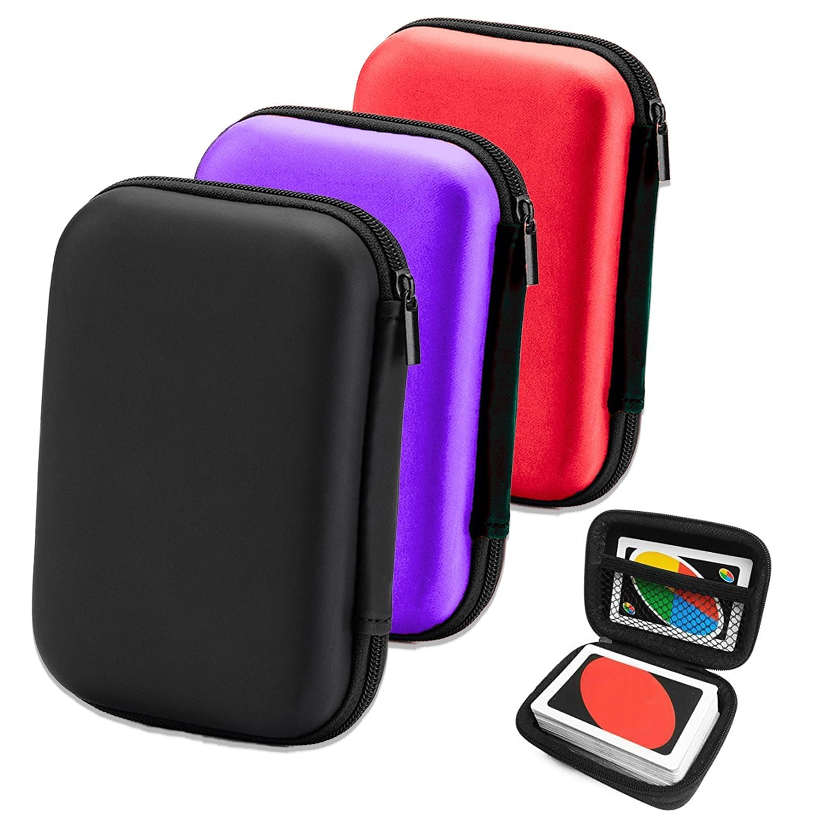 3 Pcs Waterproof Flip Carry Case, Fully Expandable Playing Card Holder, 4.5×3.1×1.5 Inch Card Game Case (Black/Purple/Red)