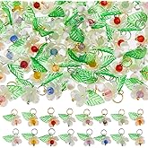 SUPERFINDINGS 64Pcs 16 Colors Acrylic Flower Charms Lily Floral Pendants with Pearl Beads Bell Orchid Leaf Dangle Charms for DIY Bracelet Earrings Necklace Jewelry Making Crafts