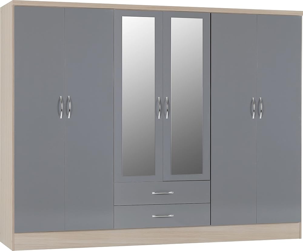 Seconique Nevada 6 Door 2 Drawer Wardrobe Grey Gloss Light Oak 230x52x182.5
