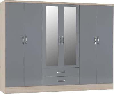 Seconique Nevada 6 Door 2 Drawer Wardrobe Grey Gloss Light Oak 230x52x182.5