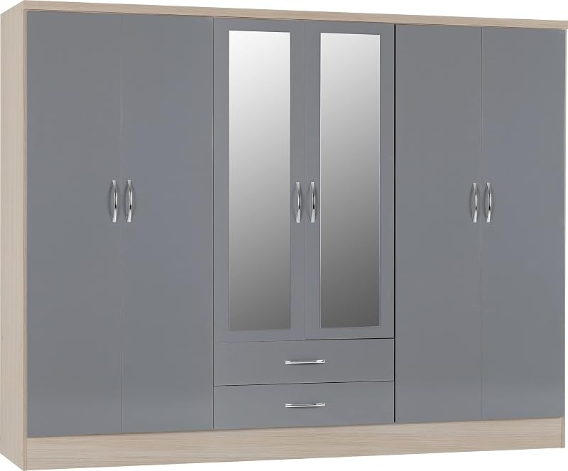 Seconique Nevada 6 Door 2 Drawer Wardrobe Grey Gloss Light Oak 230x52x182.5