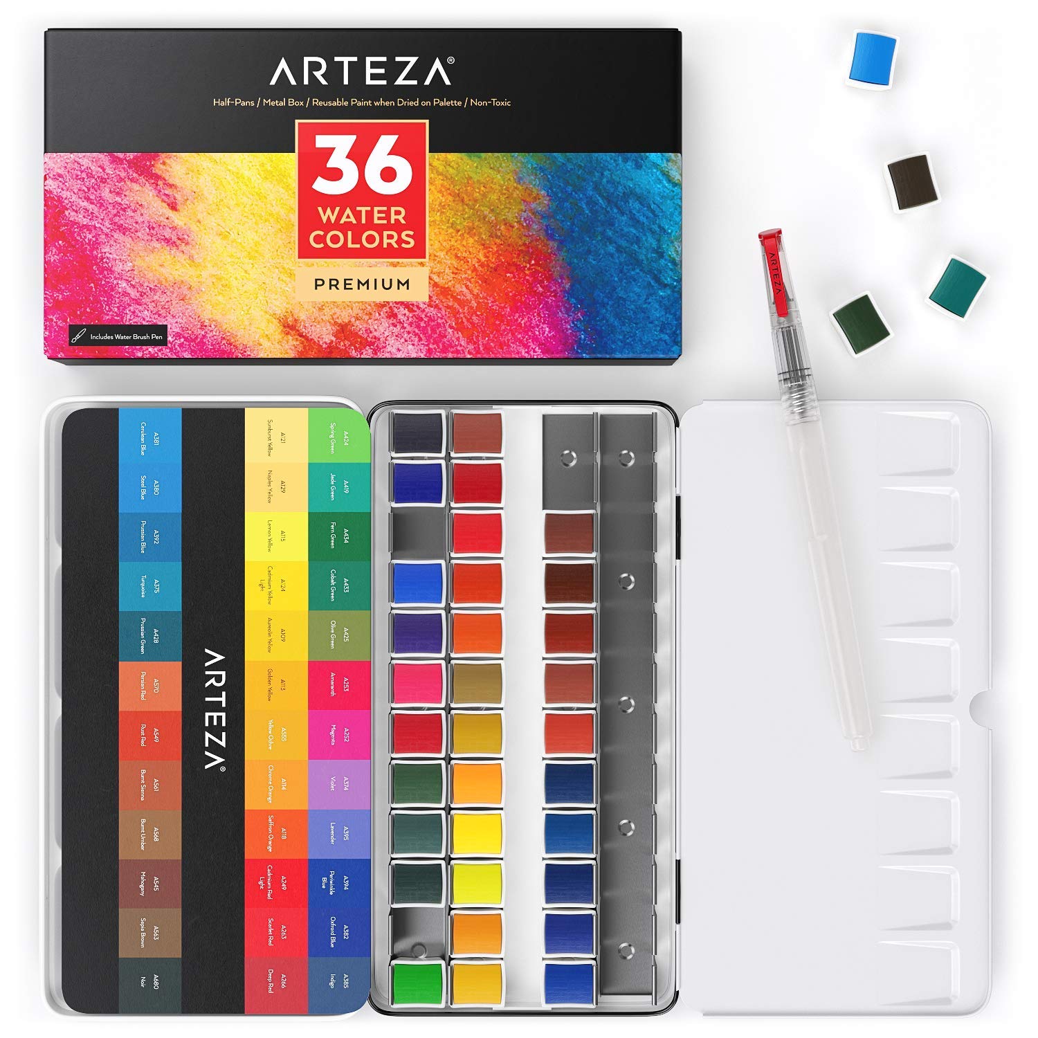 ARTEZA Watercolor Paint, Set of 36 Assorted Vibrant Colors in Half Pans
