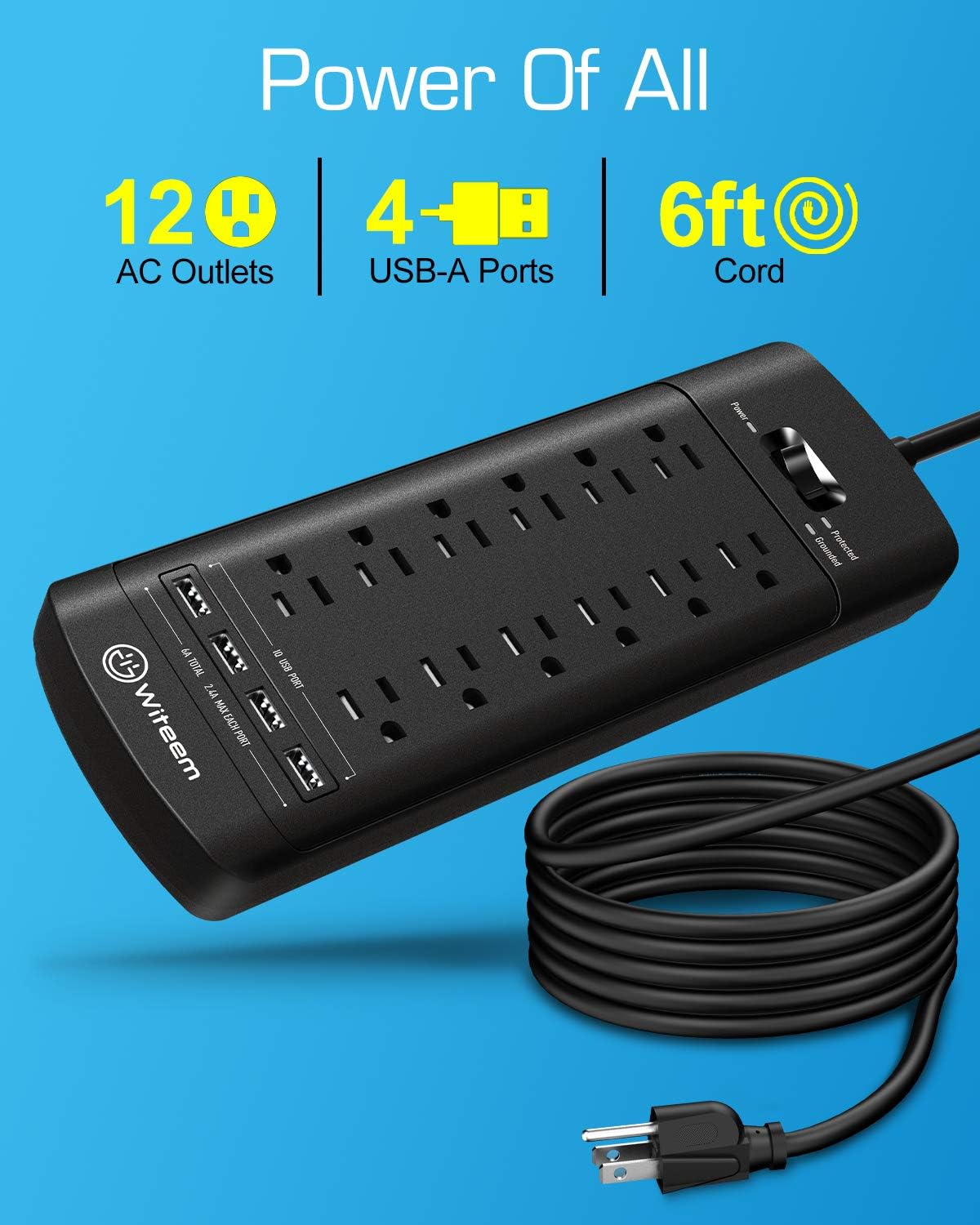 Power Strip,Witeem Surge Protector with 12-Outlet (1875W/15A,4360Joules) and 4 USB Charging Ports (5V/6A,30W),6Ft Extension Cord,Wall Mountable Overload Protection Outlet for Home & Office, Black: Home Audio & Theater