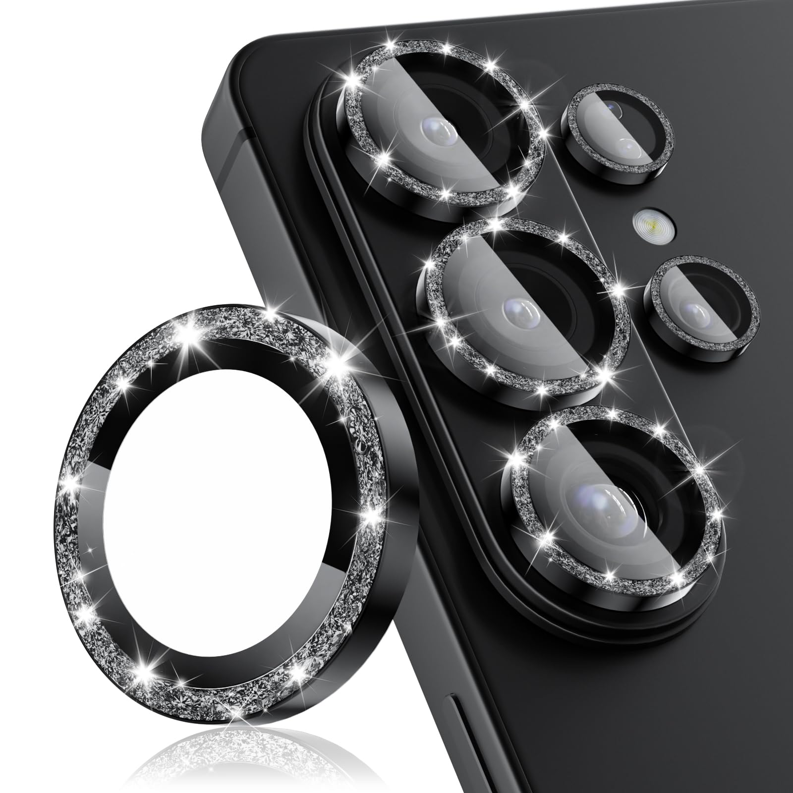 CloudValley for Samsung Galaxy S26 Ultra Camera Lens Protector Bling, 9H Tempered Glass + Aluminum Alloy Lens Protective Ring [Glitter Decoration] Ultra-HD Tempered Glass Cover,Glitter Black