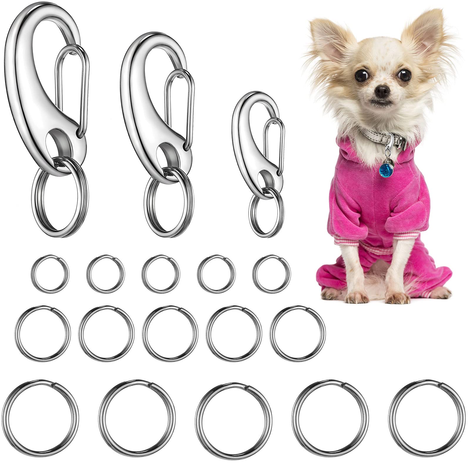 Photo 1 of 18 Pieces Leash Dog Tag Clip Pet ID Pet Tag Quick Clip Combos with Rings, Stainless Steel Quick Clips Holder for Dog Cat(1.9 Inch?1.3 Inch?0.8 Inch,Silver)