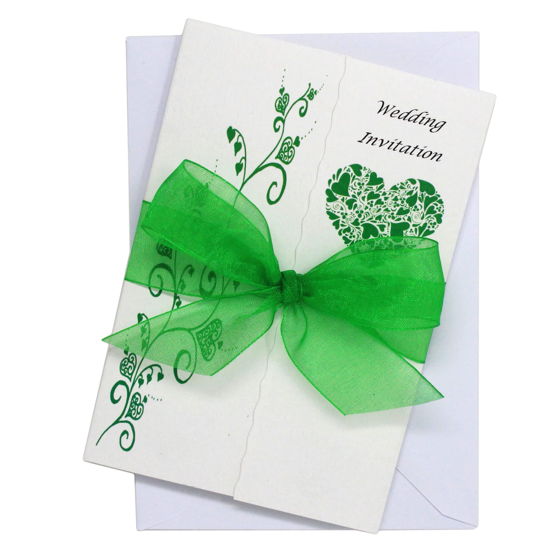 Pack of 10 Green Wedding Invitations with ribbon and envelopes- Gatefold style!