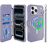 VANAVAGY Compatible for iPhone 17 Pro Max Wallet Case for Magsafe Wireless Charging, PU Leather Flip Folio Shockproof Phone Cover with Wristlet RFID Blocking Card Holder Screen Protector,Clove Purple