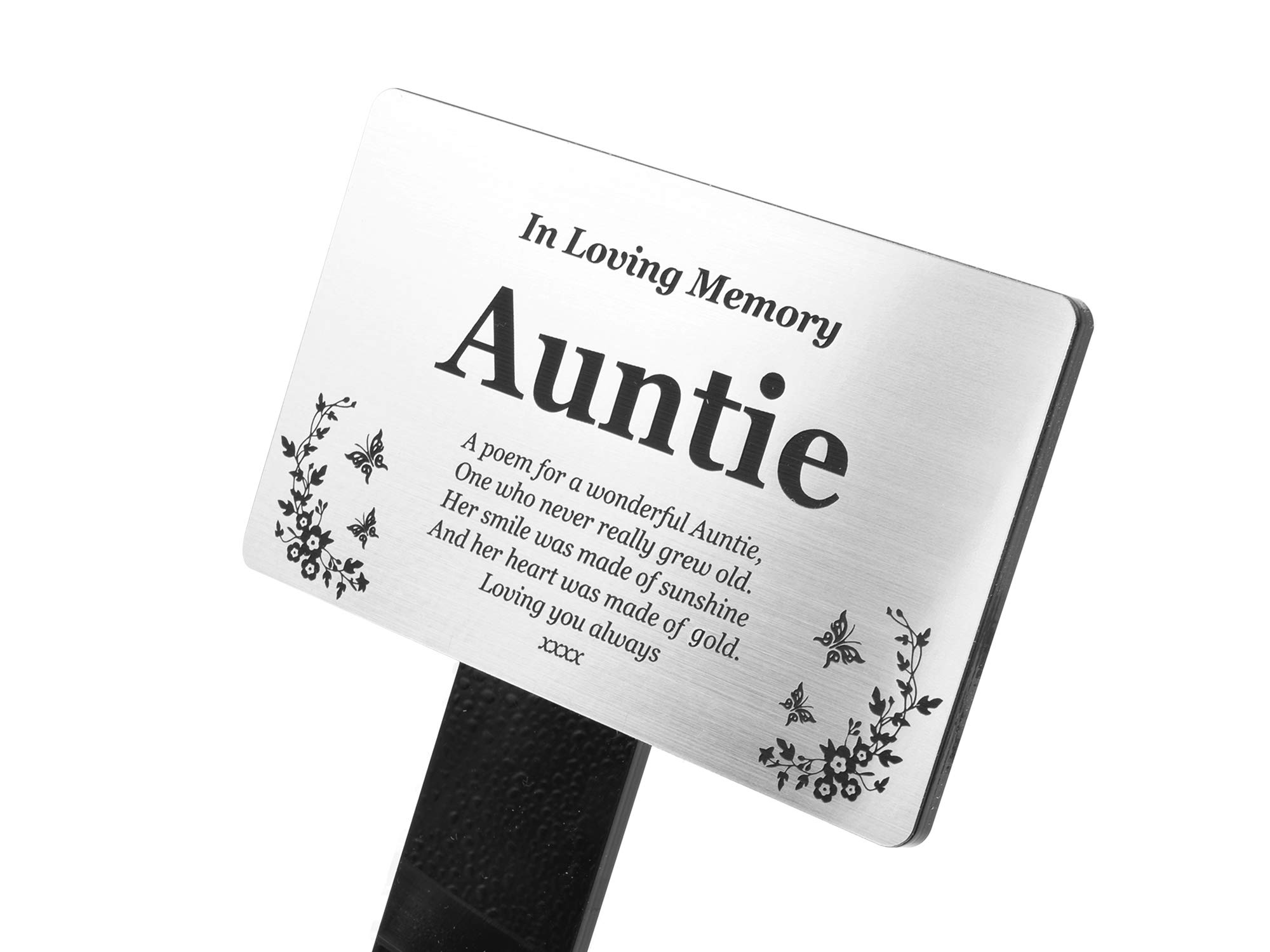 Personalised Bereavement Gifts. Memorial Plaques With Custom Text, Gardens Ground Stake Or Grave Ornaments - Acrylic, Waterproof and Hard Wearing. Shipped Globally. (Silver Auntie)