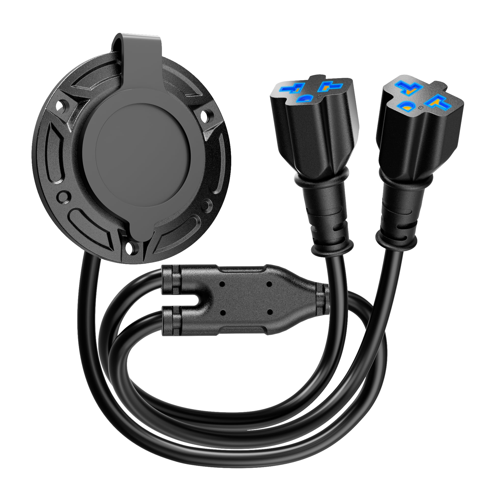 Photo 1 of Heavy-Duty 20A 125V AC Port Plug, 12AWG RV Shore Power Inlet Plug with Dual 5-in-1 T-Blade Adapter, 17" Cord AC Power Inlet Socket Plug for RV Trailer Boat Outdoor Electrical Receptacle