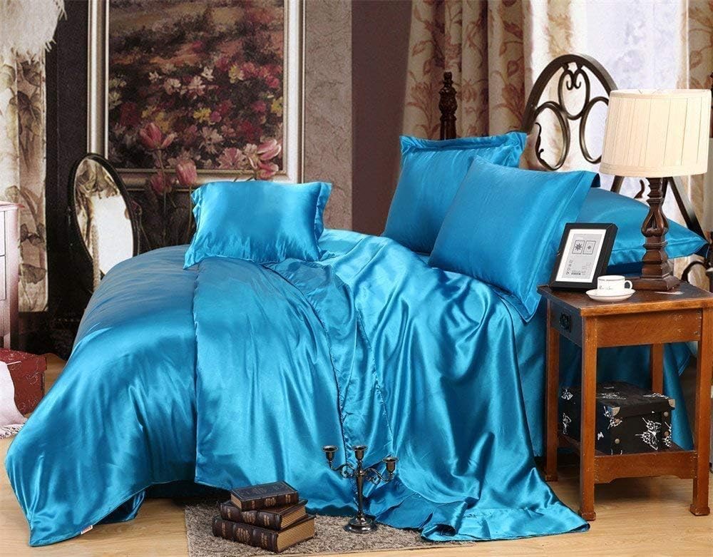 Opulence Bedding Sheet Set with Duvet Set | 100% Pure Silk Satin Sheet Set 7pcs Silk Fittef Sheet 15'' Deep Pocket, Silk Flat Sheet, Silk Duvet Cover & Pillowcases Set !!!Full XL, Turquoise Blue